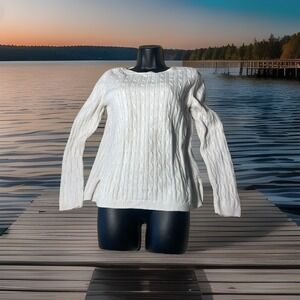 Talbots Cable Knit Sweater Womens MP Eleanor Tweedle Gold Accent Buttons